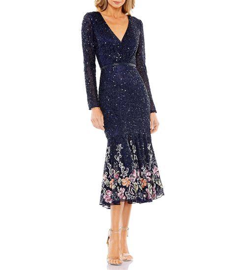 Mac Duggal Floral Sequin And Beaded Surplice V Neck Long Sleeve Midi