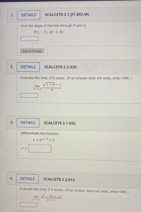 Solved 1 DETAILS SCALCET8 2 1 JIT 002 MI Find The Slope Of Chegg