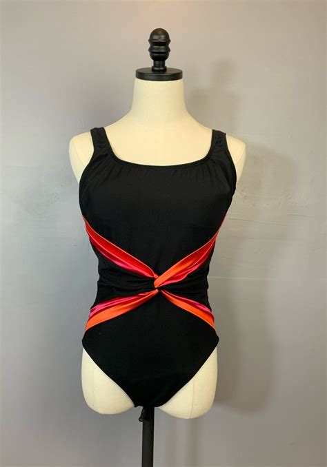 Vintage 1980s Robby Len One Piece Swimsuit Low Back Black Orange Pink