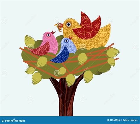 Sweet Birds in a Tree Mama Feeding Babies Stock Vector - Illustration ...