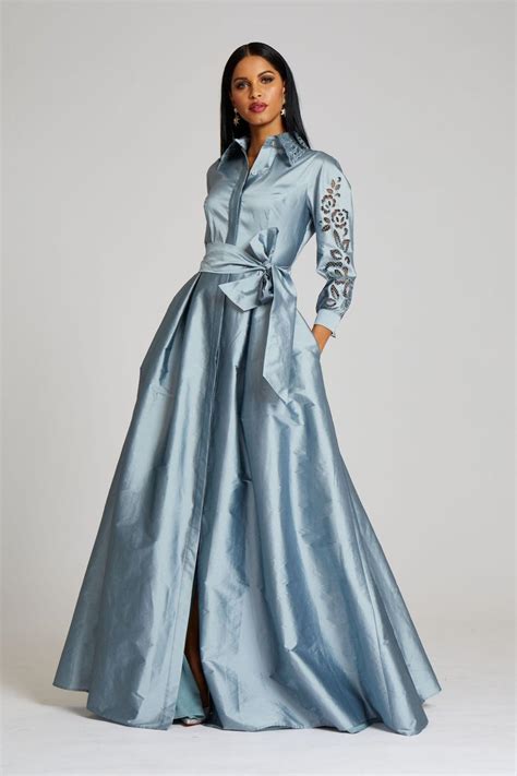 Teri Jon Taffeta Shirt Dress Gown With Eyelet Sleeve And Collar Mob