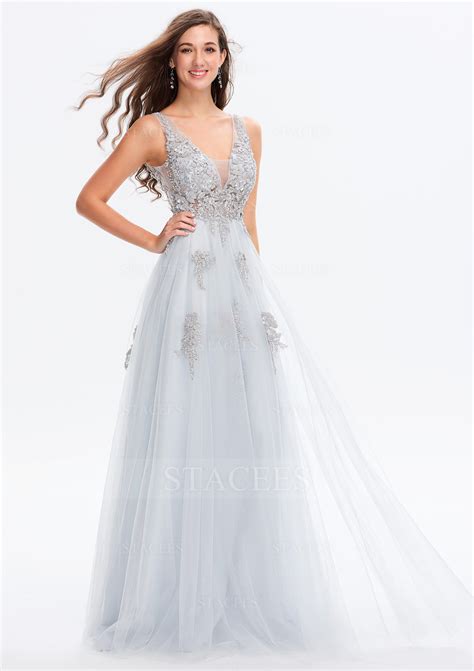 A Line V Neck Sleeveless Tulle Satin Long Floor Length Prom Dress With