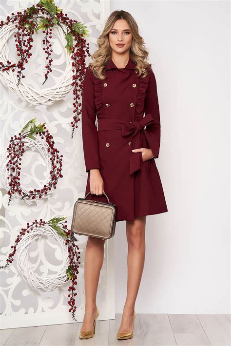 Trenchcoat Burgundy Long Sleeved Accessorized With Tied Waistband With