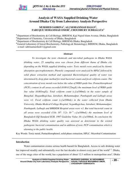 (PDF) Analysis of WASA Supplied Drinking Water Around Dhaka City from ...