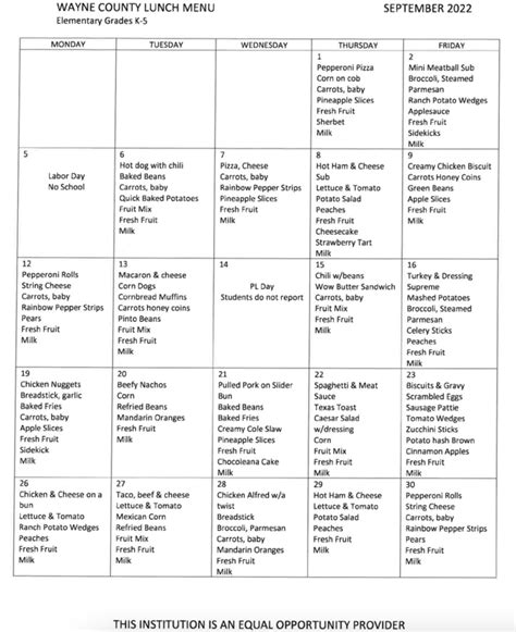 August and September Breakfast and Lunch Menus | Wayne County Schools