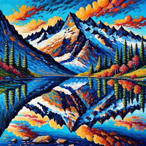 Premium Photo | A painting of a mountain lake with a reflection of trees and mountains in the water.