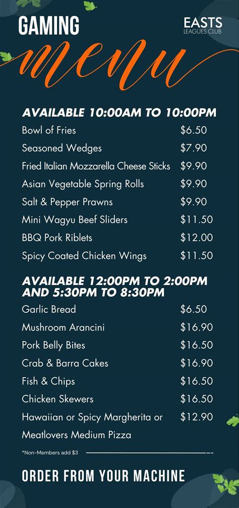 Menu at Easts Leagues Club, Coorparoo