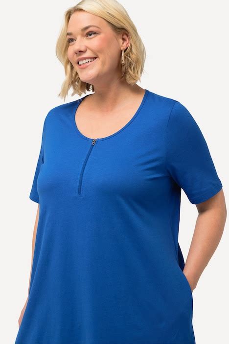 Zipper Neckline Knit Short Sleeve Pocket Tunic Cobalt Blue Ulla Popken