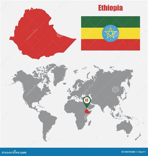 Ethiopia Map On A World Map With Flag And Map Pointer Vector