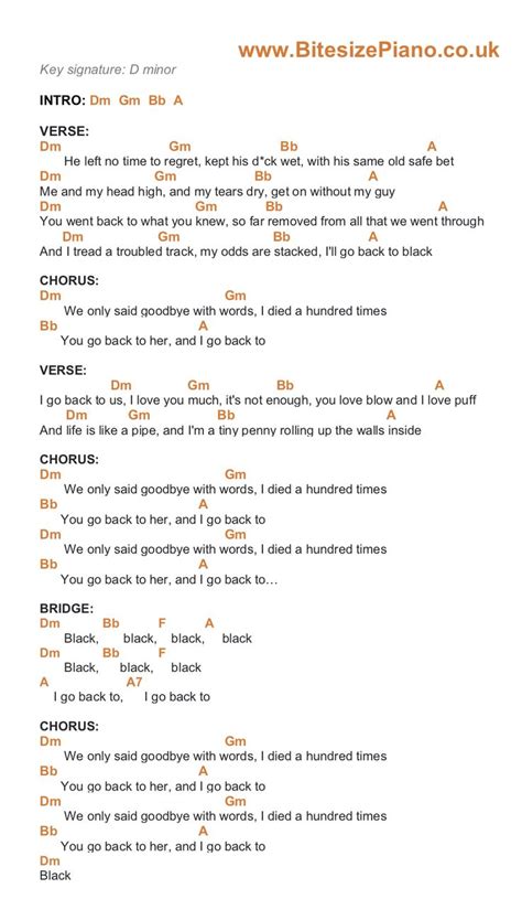 Back To Black Amy Winehouse Piano Chords Lyrics In 2023 Guitar