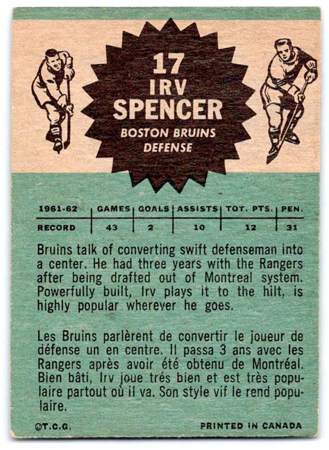 1962 63 Topps Irv Spencer 17 Vg Ex Vintage Hockey Card Ebay