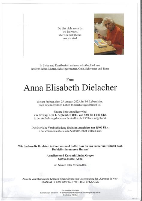 Parte für Anna Elisabeth Dielacher pax requiem