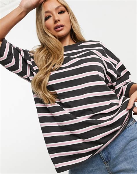 Asos Design Super Oversized T Shirt In Collegiate Stripe In Charcoal Asos