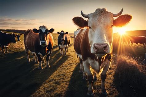 Premium Photo | Cows herd on a grass field during the summer at sunset ...