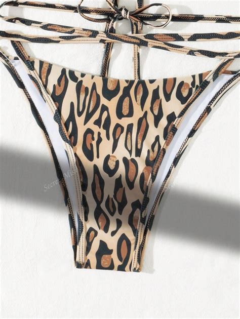 Women S Sexy Leopard Print Hollow Out Bikini Top And Bottom Set For