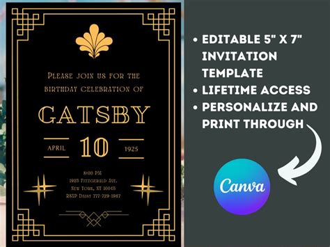 The Great Gatsby Birthday Invitation Canva Template Gatsby 1920s