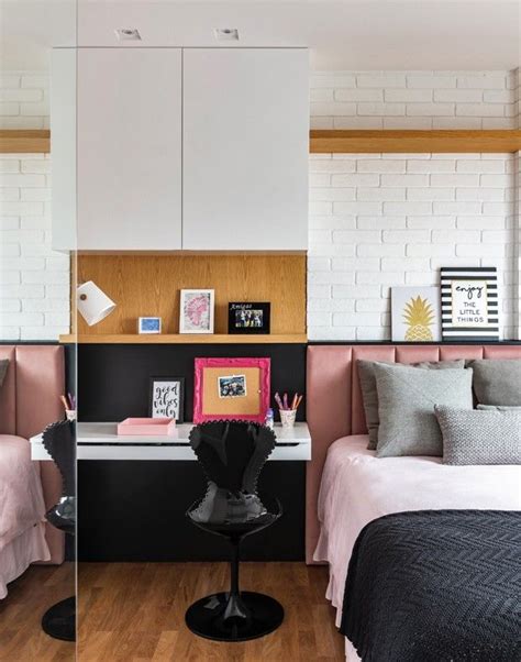 Two Pictures Of A Bedroom With White Brick Walls And Wood Flooring One