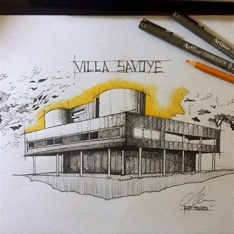 Villa Savoye Ink Colored Pencils Architecture Sketch Architecture