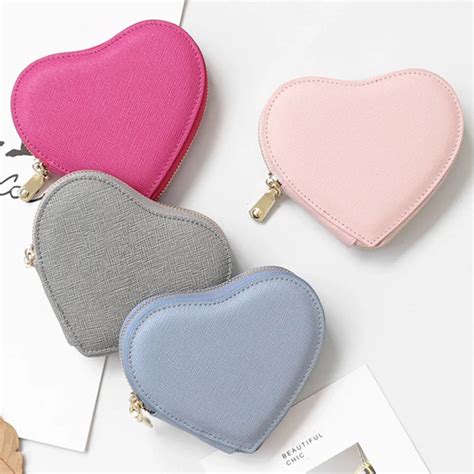 Heart Shape Saffiano Leather Coin Purse For Women Girls Cute Split