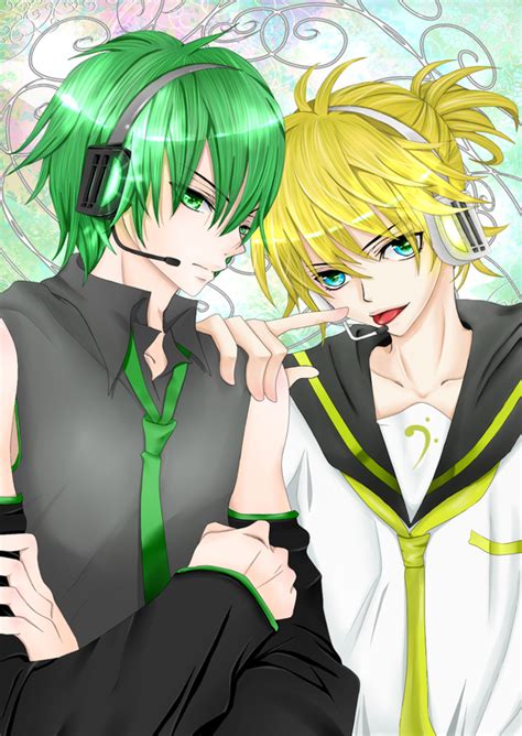 Safebooru 2boys Blonde Hair Green Hair Hatsune Mikuo Kagamine Len Vocaloid 344117