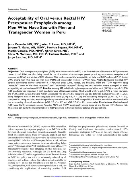 Pdf Acceptability Of Oral Versus Rectal Hiv Preexposure Prophylaxis Among Men Who Have Sex