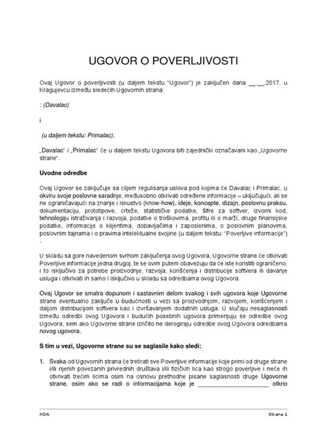 Ugovor O Poverljivosti Pdf