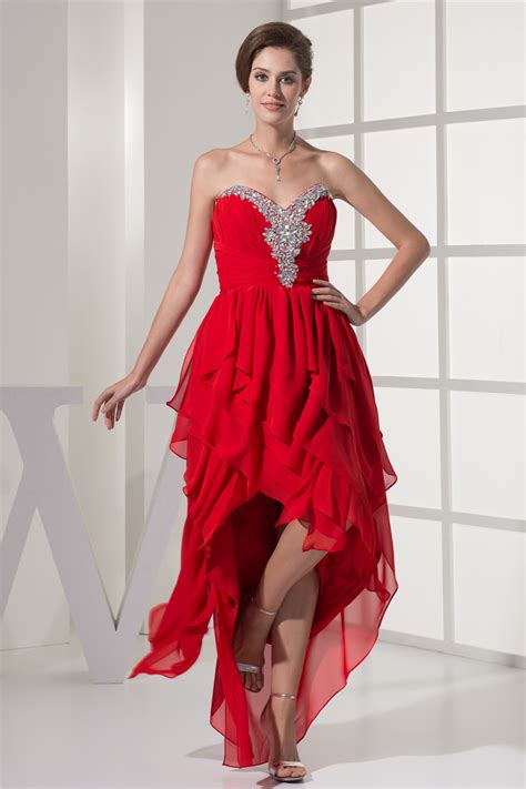 Red High Low Prom Dress Cascading Ruffles Hi Lo Prom Dress Beading