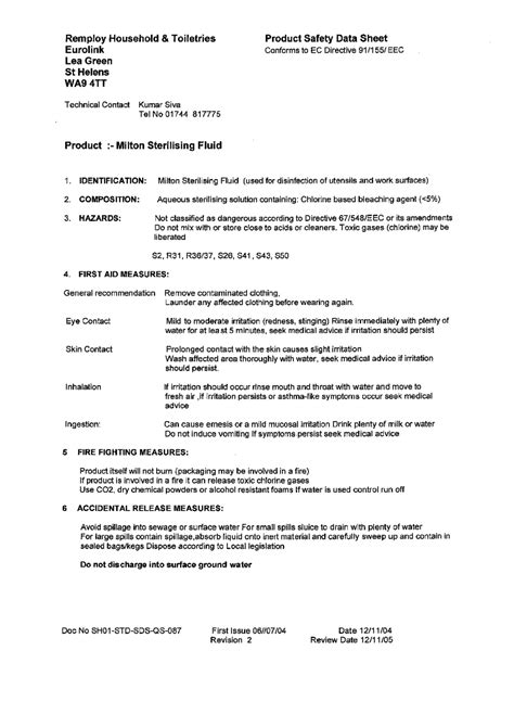 Milton Sterilising Fluid MSDS Download