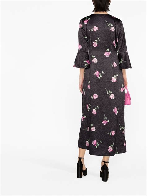 GANNI Floral Print Crinkled Midi Dress Black FARFETCH