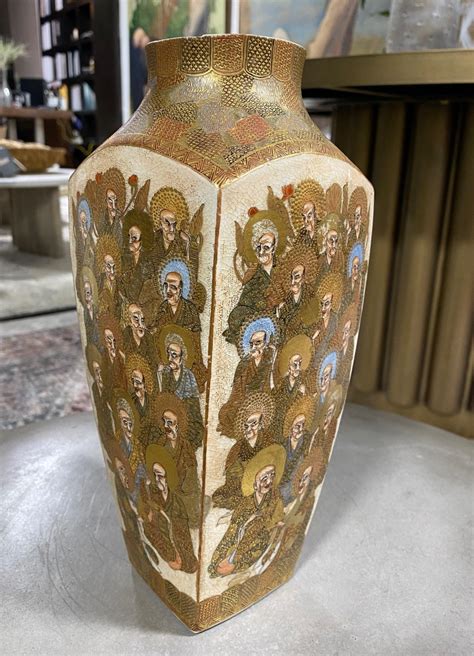 Japanese Antique Satsuma Pottery Buddhist Monks Vase With Shimazu Crest