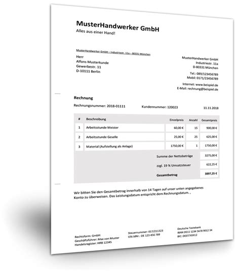 Rechnungsvorlage für Handwerker Kassenbuch Vorlagen Download von PDF