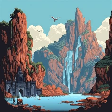 Pixel Art Mountains Waterfalls And Rivers In Pixel Art