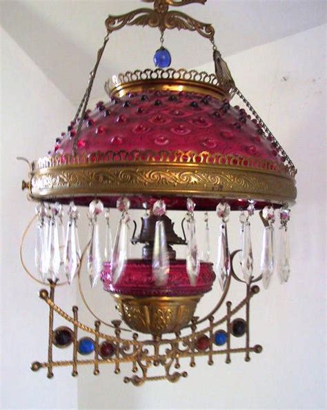 Victorian Hanging Library Oil Lamp Jewels Cranberry Hobnail 1880967196