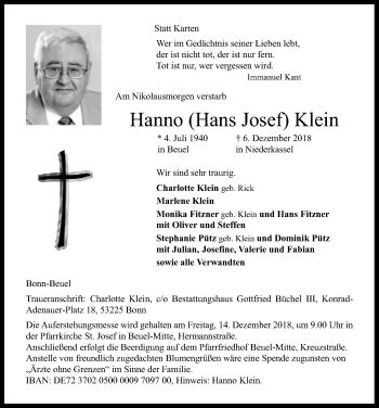 Traueranzeigen Von Hans Josef Klein Wirtrauern