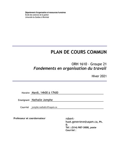 Syllabus ORH1610 2021 Gr21 PLAN DE COURS COMMUN ORH 1610 Groupe 21