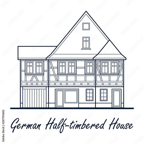 German Half Timbered House Front View Dark Blue Outline Drawing