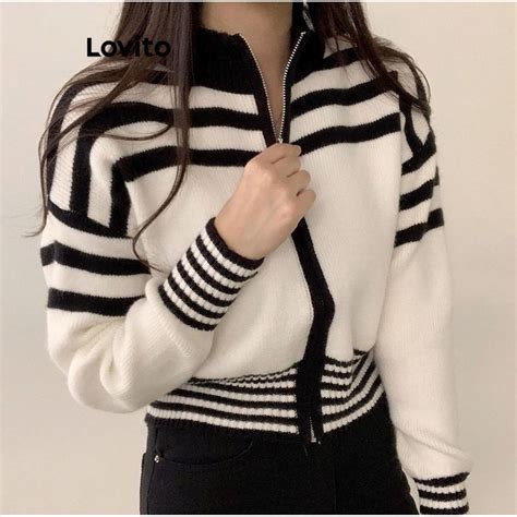 Lovito Women Casual Striped Colorblock Zipper Sweater LNA38157 Shopee