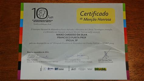 Escola Francisco Purita OBMEP CERTIFICADO DE MENÇÃO HONROSA