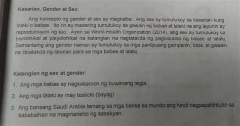 Ano Ang Pagkakaiba Ng Sex At Gender Magbigay Ng Tiglimang Katangian Ng Sex At Gender Gawin Kong