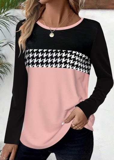 ROTITA Plus Size Pink Geometric Print Round Neck T Shirt Rotita