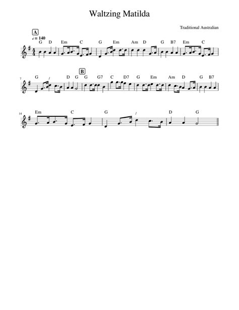 Traditional Music Waltzing Matilda Sheet Music For Piano Solo