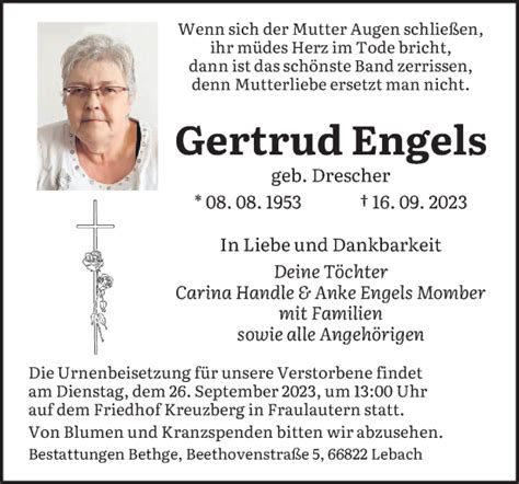 Traueranzeigen Von Gertrud Engels Saarbruecker Zeitung Trauer De