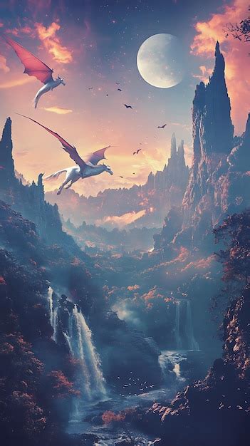 Fantasy Landscape With Dragons And Waterfalls Under A Full Moon