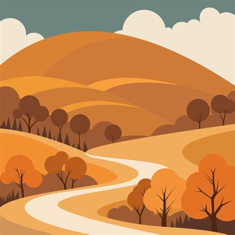 Premium Vector Orange Autumn Natur Landscape Illustration With Hills