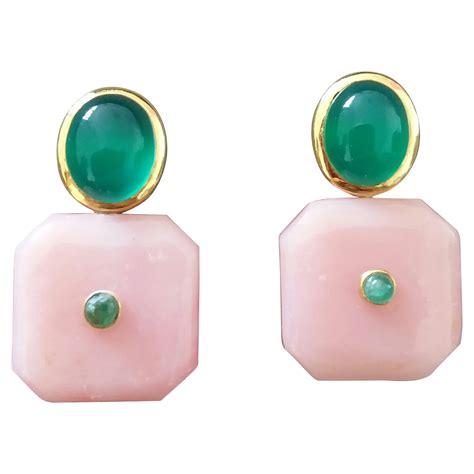 Green Onyx Oval Cabs Octagon Shape Pink Opal Emeralds 14 K Gold Stud