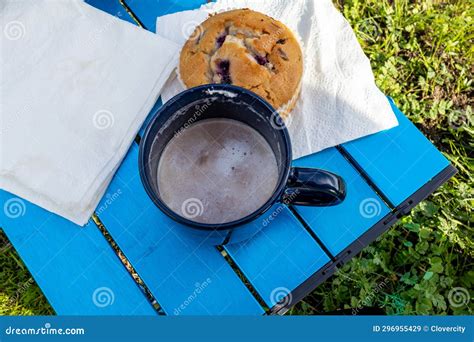 Hot Chocolate With Whip Cream And Muffins On A Small Camp Table Stock Image Image Of Morning