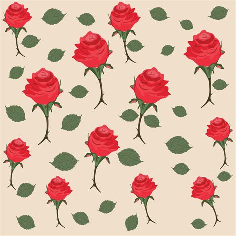 A Seamless Pattern Of Red Roses With Green Leaves On A Beige Background