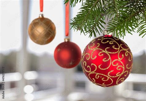 Christmas glass ball ornaments at a Christmas market. Holiday shopping ...
