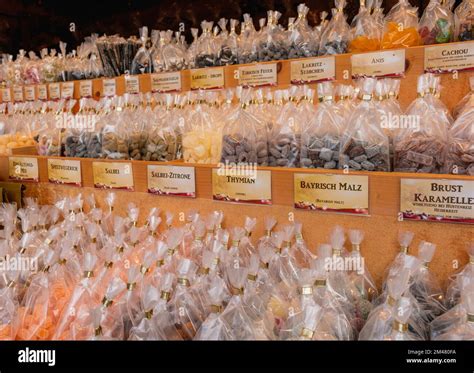 Licorice And Candy For Sale At A Christmas Market In Germany Signs In