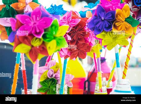 Origami Paper Folding Is A Beautiful Flower Invented A Flower Vase With Colorful Yarns Bottle